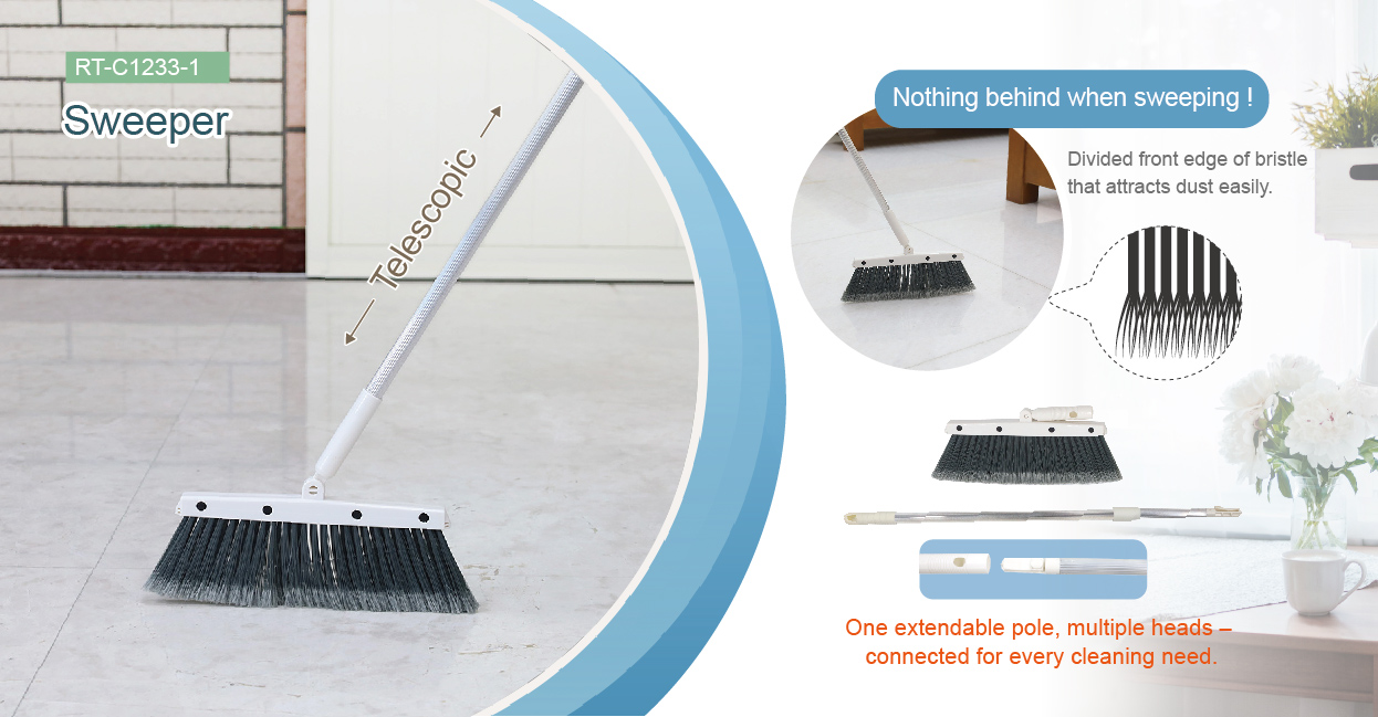 The RT-C1233-1 Telescopic Floor Sweeper - Divided front edge of bristle that attracts dust easily.