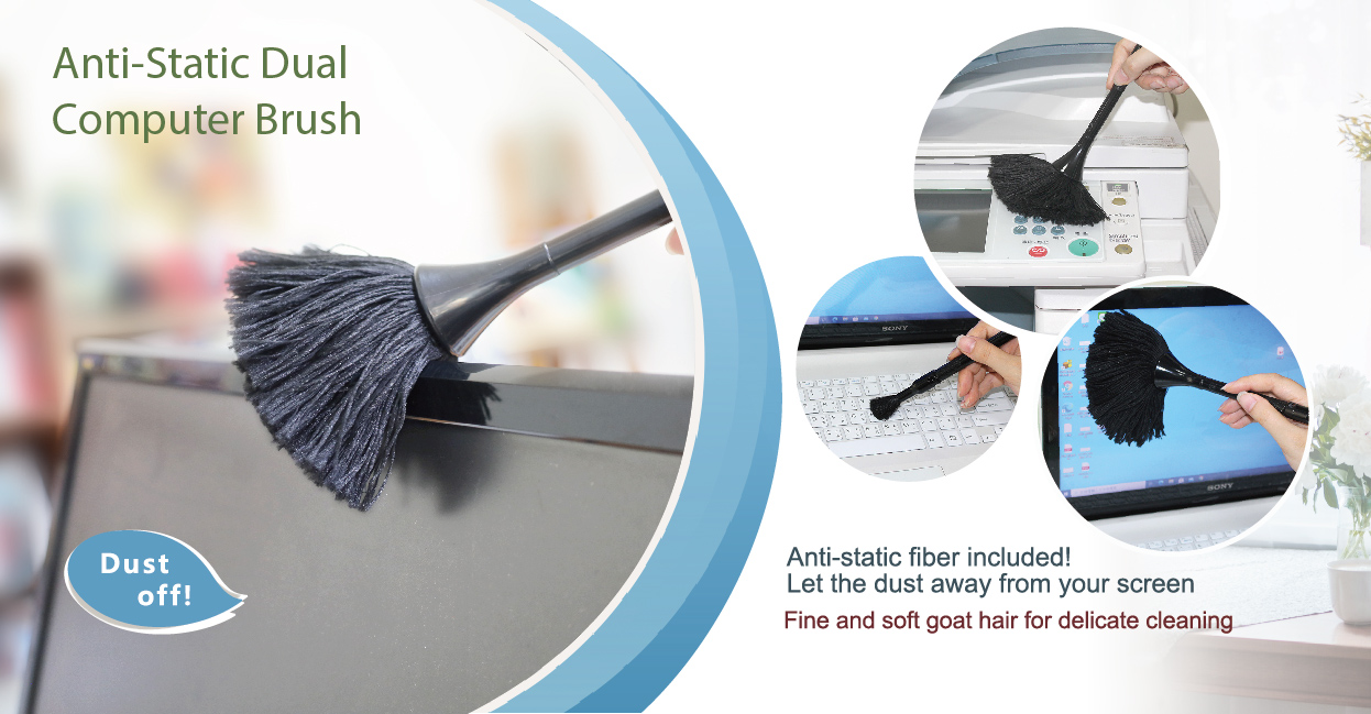 RT-M0069-1 Anti-Static Dual Computer Brush - Fine and soft goat hair for delicate cleaning